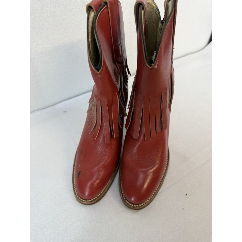 Vintage Frye Red Leather Fringe Cowgirl Boots Size 5.5 Made In USA - Picture 3 of 7
